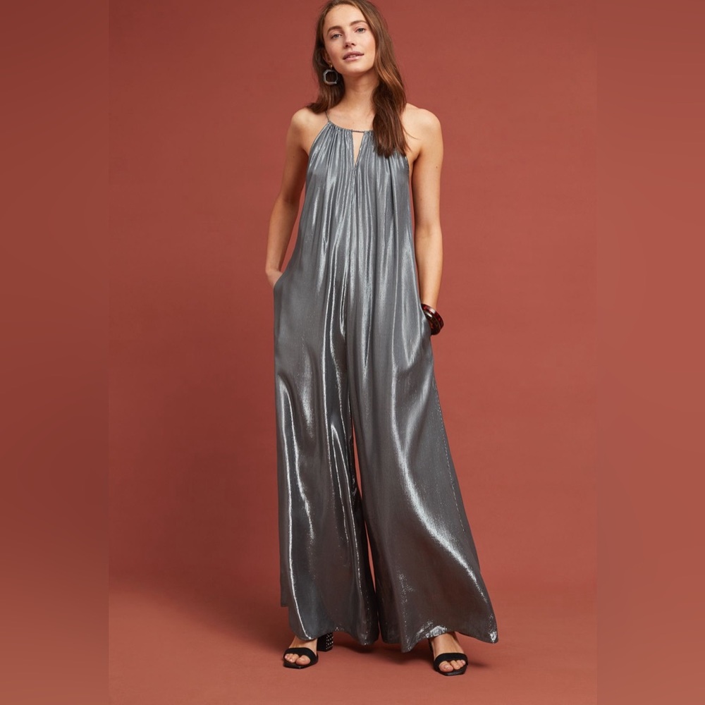 Anthropologie Velvet Liquid Silver Jumpsuit Small NWT